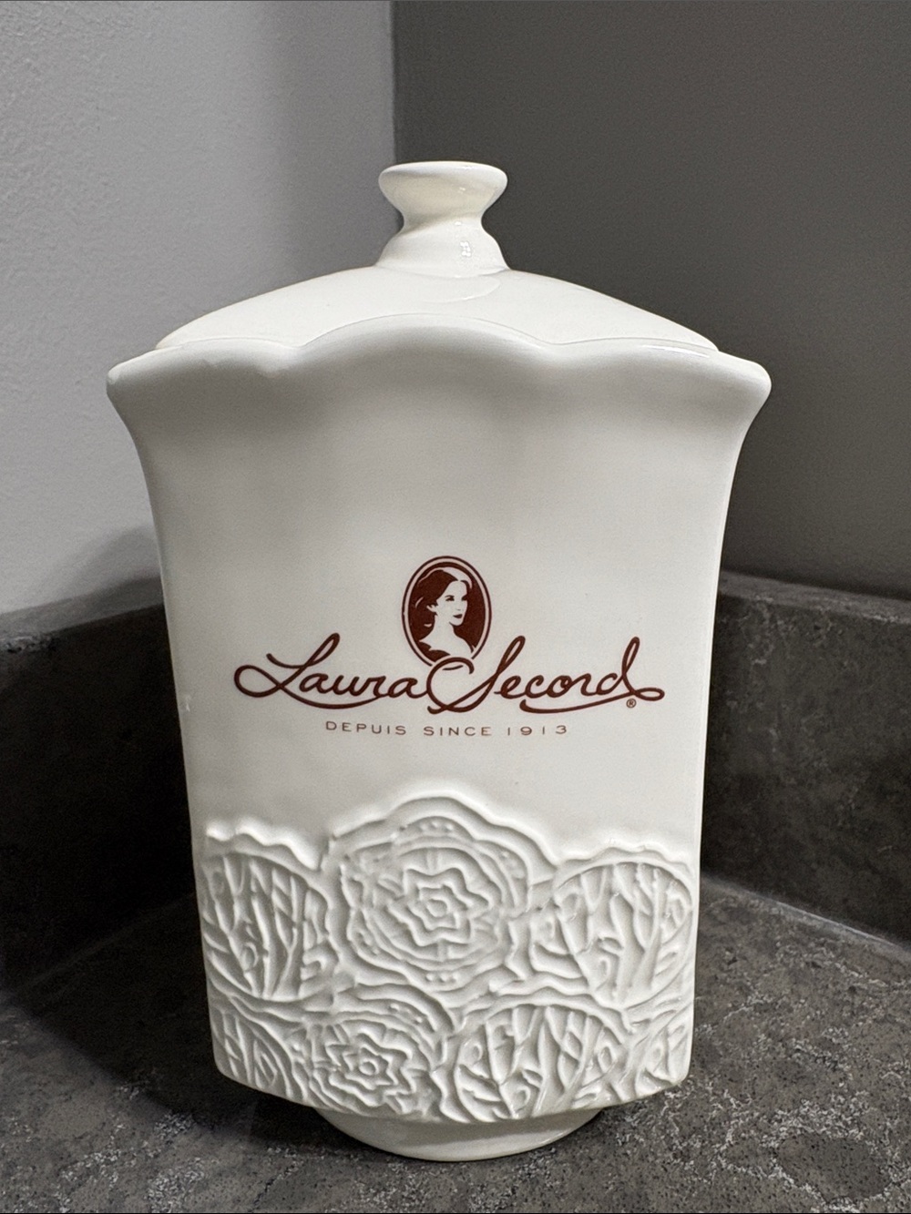 Laura Secord Ceramic Decorative Canister with Embossed Floral Design